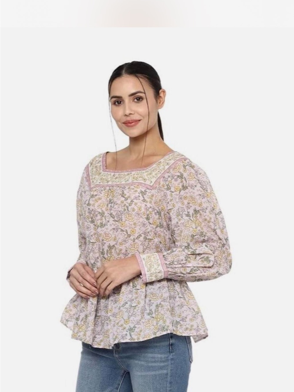 Floral Square-Neck Peplum Top Light Pink boho flowy American eagle size xl light